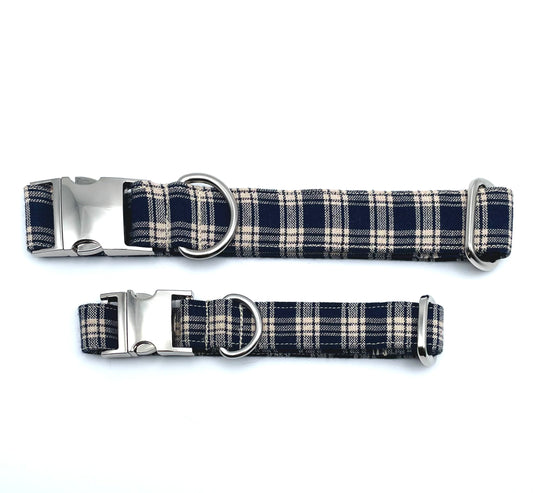 Navy & Tan Plaid Dog Collar